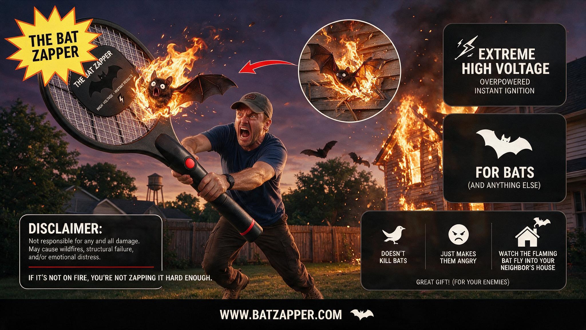 A man in a backyard wildly swinging an oversized bug-zapper racket at a flaming bat, with a house engulfed in fire in the background.